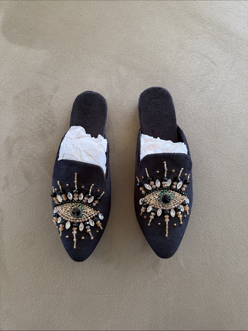 Black Embellished Eye Slip-On Mules